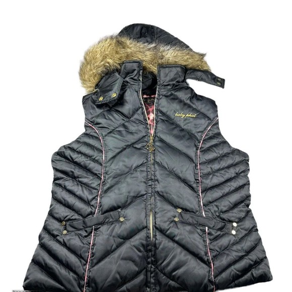 VINTAGE Baby Fat Jacket Womens XL  Puffer Vest Outdoors Y2K Ladies With FAUX FUR - Picture 1 of 7